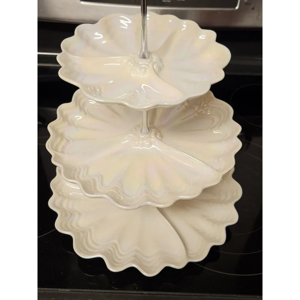 Vintage Maddux Of California Opalescent Cream & Silver 3 Tier Serving Tray READ